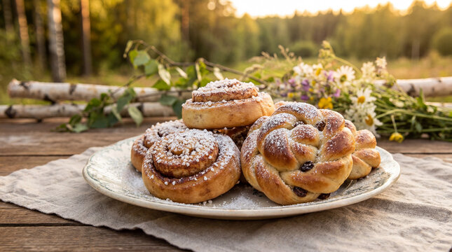 Midsummer celebration traditional Swedish cinnamon rolls pastries sweet bread outdoor table forest setting festive Nordic baking culinary photography editorial