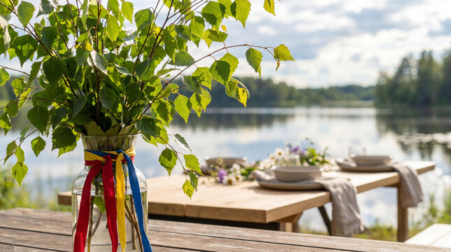 Midsummer festival birch branches colorful ribbons glass vase lakeside table traditional Nordic maypole decoration summer solstice celebration photography editorial