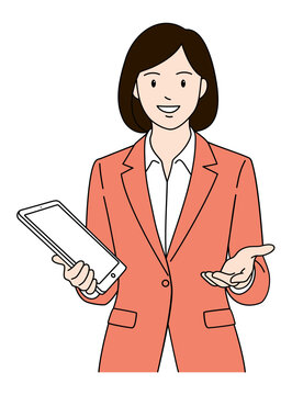 Smiling businesswoman explainer holding tablet flat vector illustration