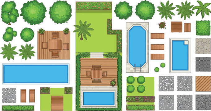 Landscape design elements kit with top view trees swimming pools wooden decks and paving textures for architectural garden planning vector illustration