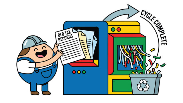 Happy cartoon worker feeding old tax records into a shredder machine for secure destruction.