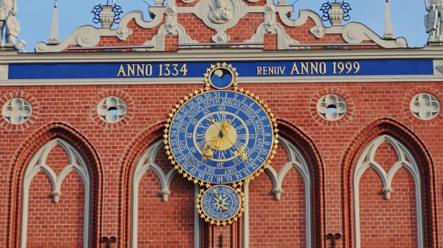 Historic Gothic Clock Detail on House of the Black Heads Riga Landmark Site