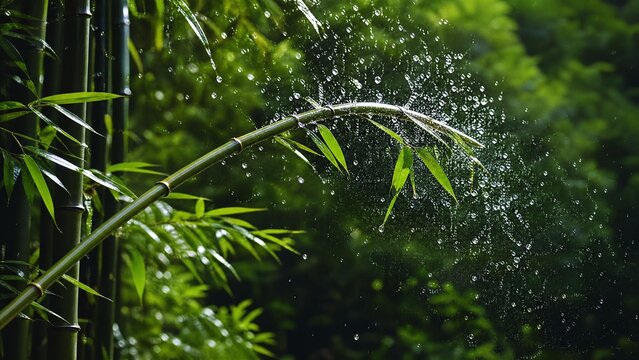 A flexible bamboo branch recoiling, flinging water droplets into the air. gardening catalogs, home-decor guides, designed for home decor and floral branding, used by procurement managers.