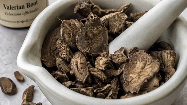 Dried slices of valerian root scattered in a white ceramic mortar with soft natural side lighting. gardening catalogs, home-decor guides, designed for home decor and floral branding.