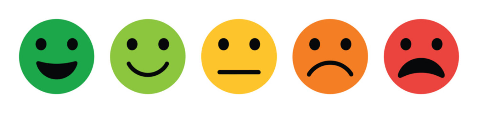 Feedback emoji face icons for rating systems, surveys, and user satisfaction scales.