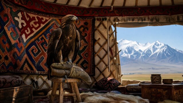 Colorful felt shyrdak rug on yurt lattice, golden eagle on glove, Central Asian nomadic concept. event programs, museum guides, designed for cultural heritage projects and event programs.