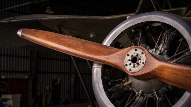 The wooden propeller of a vintage monoplane in a quiet hangar. mobility guides, transit brochures, designed for mobility and urban transit guides, improves user orientation.
