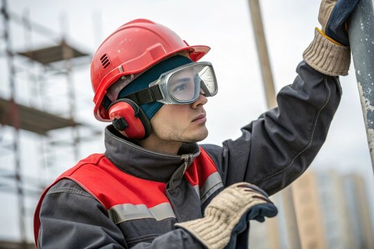 Worker wears red helmet and safety goggles