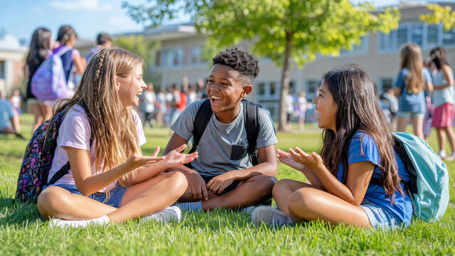 Back to school students campus lawn outdoor sitting diverse children joyful friendship sunny education promotional marketing editorial social media lifestyle content design