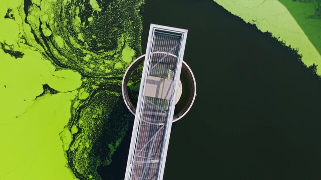 Top down drone reveals algae patterns in wastewater basin near Liepaja Latvia