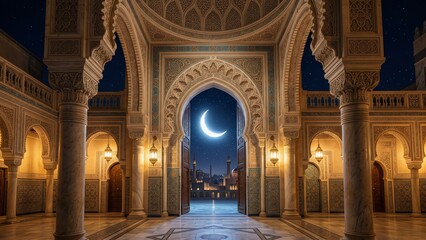 Obraz premium Ramadan Crescent Moon over Ornate Islamic Courtyard at Night