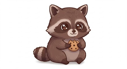 Fototapeta premium Adorable cartoon raccoon clutches a chocolate chip cookie with big cute eyes on a bright clean white background. AI Generated