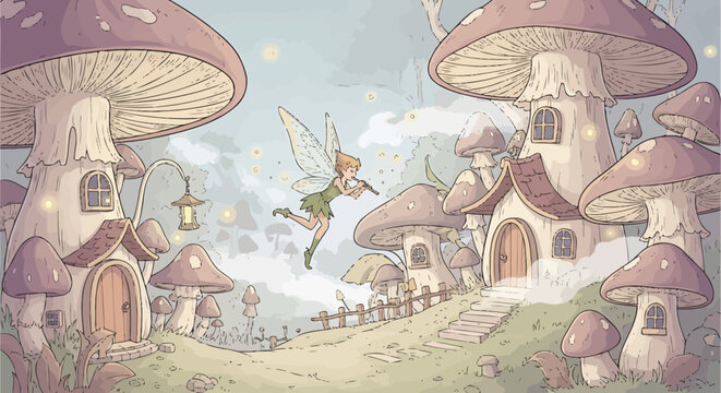 Fairy flying near mushroom houses.