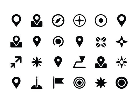 Black navigation and location icons on transparent background for design and mapping purposes