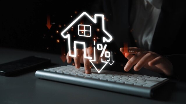 Hands Typing on Keyboard with Digital Home Icon and Percentage Symbol Indicating Decrease in Real Estate Values and Market Trends Sigmoid