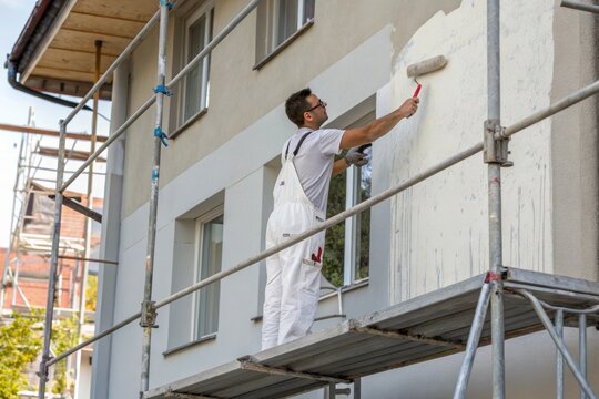 Man paints exterior wall with paint roller