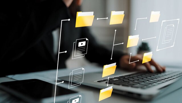 Digital organization concept with file folders and documents displayed on a computer screen representing modern file management and data visualization techniques Gluon.