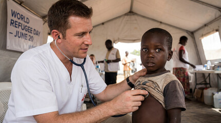 World Refugee Day medical volunteer examining refugee child providing healthcare support for humanitarian campaign promotional material