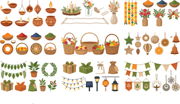 Indian festival decoration and traditional festive celebration elements icon set bundle with diya oil lamps rangoli powder flowers garland and gifts vector illustration