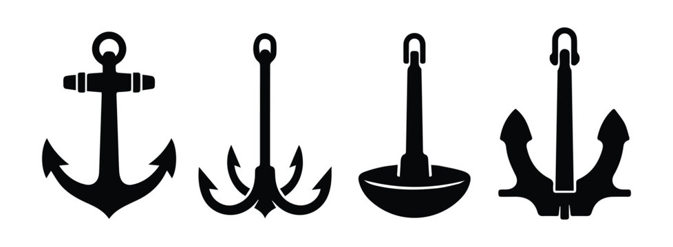 Anchor types set &mdash; navy anchor, grapnel, mushroom, stockless anchor icon Silhouette Vector black design on a white background