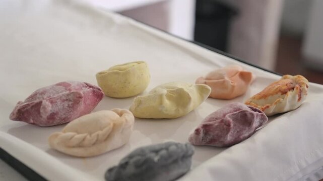 Empanadas Flavors Frozen Colorful Gourmet Traditional Pastry Argentina Tray Close Up View