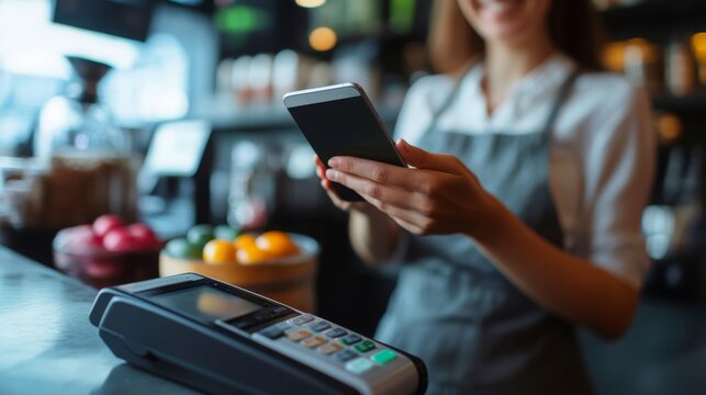 Barista using a smartphone for contactless payment at a modern coffee shop. Mobile banking, digital wallet, fintech transaction, cashless payment, retail technology, and customer service concept.