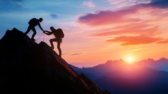 Silhouette of two hikers climbing a mountain at sunrise, symbolizing teamwork, support, leadership, success, motivation, achievement, partnership, and overcoming challenges in nature.