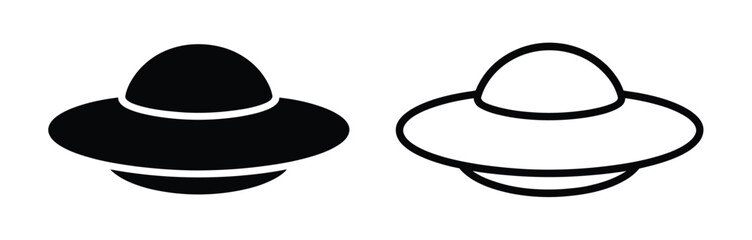 Classic UFO flying saucer illustrations, black and white alien spacecraft silhouettes for science fiction and mystery themes. © Sweet Dream