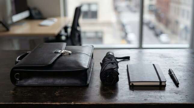 Modern Business Professional's Daily Essentials: Briefcase, Notebook, Pen, and Umbrella on Desk