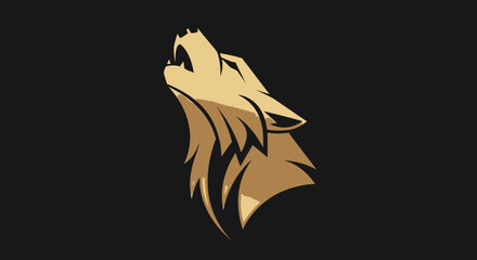 Stylized lion head logo with bold lines, featuring a fierce expression, on black background © Keong