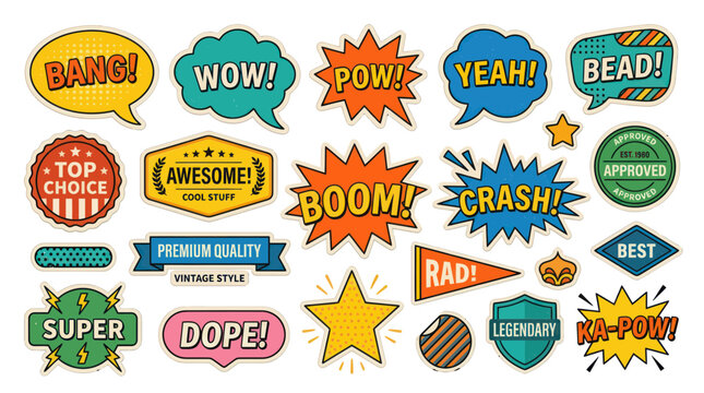 Retro Comic Book Style Speech Bubbles and Badges with Exclamations