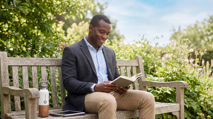 Fototapeta premium Professional businessman reading outdoor relaxation mental health wellness mindfulness peaceful calm nature employee corporate wellbeing self-care balance serene workplace