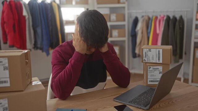 Man clutching head with hands over laptop and shipping boxes in a studio workspace with clothing racks and parcels; frustration entrepreneurship.