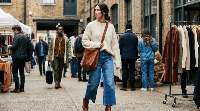 Woman shopping at outdoor market.