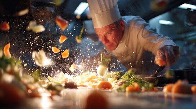 Professional Chef Cooking with Flaming Pan in Commercial Kitchen.
