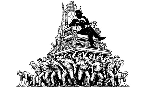 Wealthy businessman sitting on a large throne supported by many tired working class laborers in an engraved black and white line art illustration style depicting extreme economic inequality 