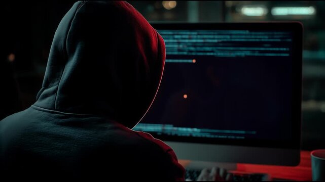 Hacker in hoodie facing computer screen with data breach warning text symbolizing cybersecurity threat and digital attack