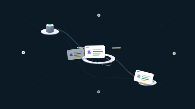 Abstract 3D Motion Graphic Showing Digital Data Transfer and User Profiles