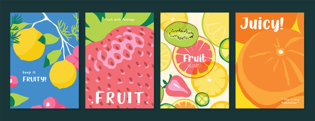 Fototapeta na wymiar Abstract colorful fruit card background set. Minimalist poster with pineapple, orange, watermelon. Modern summer and spring wallpaper design for drink menu, promotion, beverages, ads.