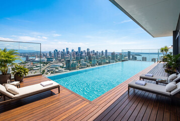 Fototapeta premium Luxury infinity swimming pool on rooftop terrace with lounge chairs and modern city skyline view
