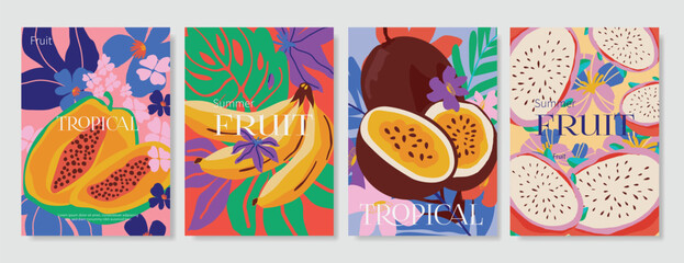 Obraz premium Abstract colorful fruit card background set. Minimalist poster with pineapple, orange, watermelon. Modern summer and spring wallpaper design for drink menu, promotion, beverages, ads.
