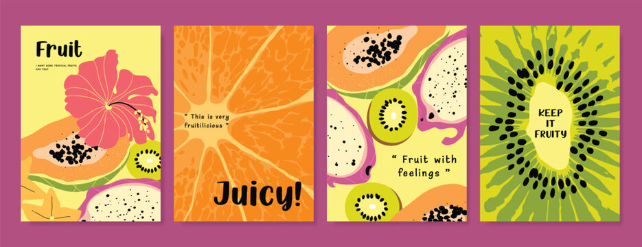 Abstract colorful  fruit card background set. Minimalist poster with pineapple, orange, watermelon. Modern summer and spring wallpaper design for drink menu, promotion, beverages, ads.