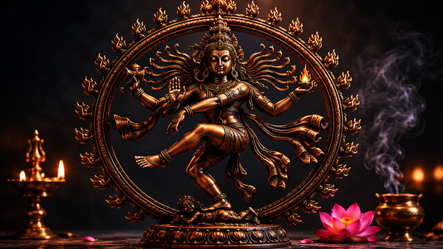 A magnificent Lord Nataraja bronze statue displayed in a dramatic landscape composition, symbolizing the cosmic dance of Lord Shiva. The sculpture features intricate detailing.