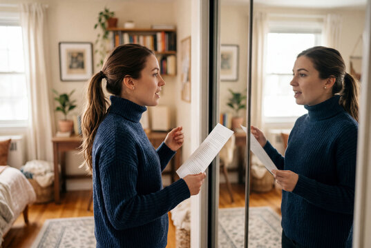 Young woman holding a document practicing a speech in front of a mirror in her cozy bedroom