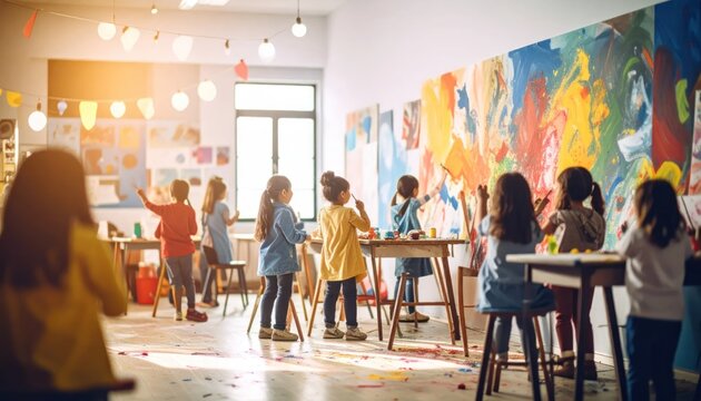 Children engaged in a vibrant art class, expressing creativity and learning through painting and drawing.