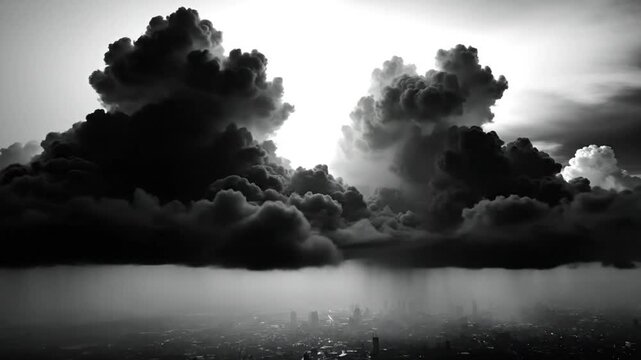 Epic Black and White Shot of Dark Cumulus Clouds Over Cityscape with Rain, Dramatic Landscape