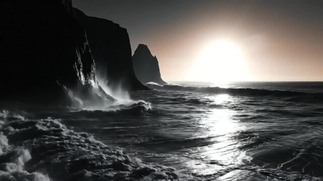 Dramatic monochromatic seascape with crashing waves, towering cliffs, and a radiant sunset over the vast ocean