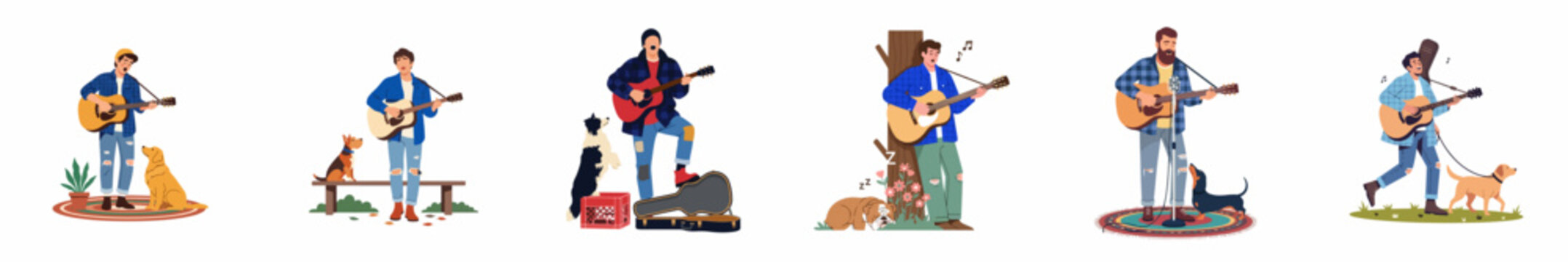 Set of illustrations depicting a male musician playing acoustic guitar and singing, accompanied by his loyal dogs in various indoor and outdoor settings.