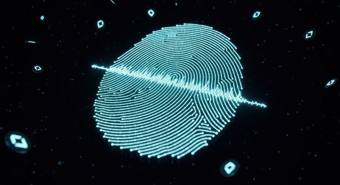 Digital fingerprint scanner with glowing blue biometric data lines on