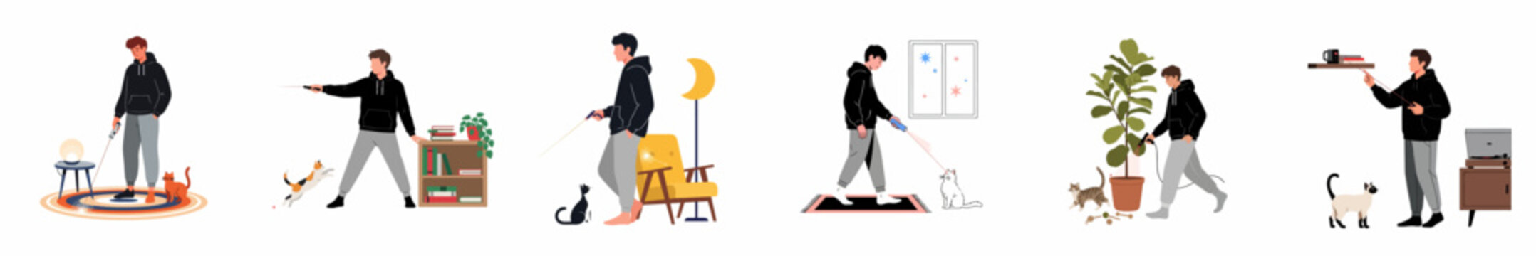 Collection of flat illustrations showing a young man at home playing with different types of cats using a laser pointer across various rooms.